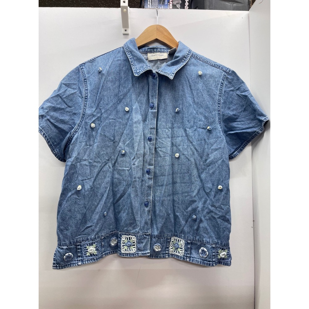 Lemon Grass Denim Shirt XL Blue Crochet Floral Applique Button Down Vintage 90's